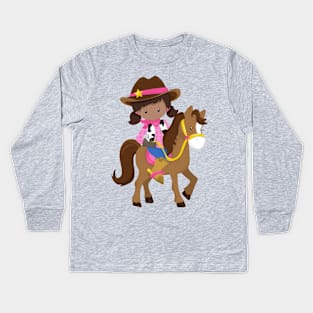 African American Girl, Cowgirl, Sheriff, Horse Kids Long Sleeve T-Shirt